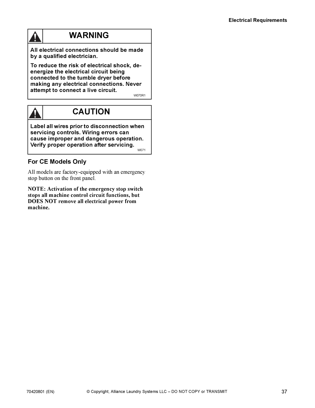 Alliance Laundry Systems 907003062 manual For CE Models Only, Electrical Requirements 