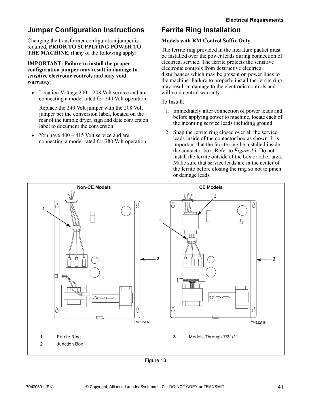 Alliance Laundry Systems 907003062 manual Jumper Configuration Instructions, Ferrite Ring Installation 