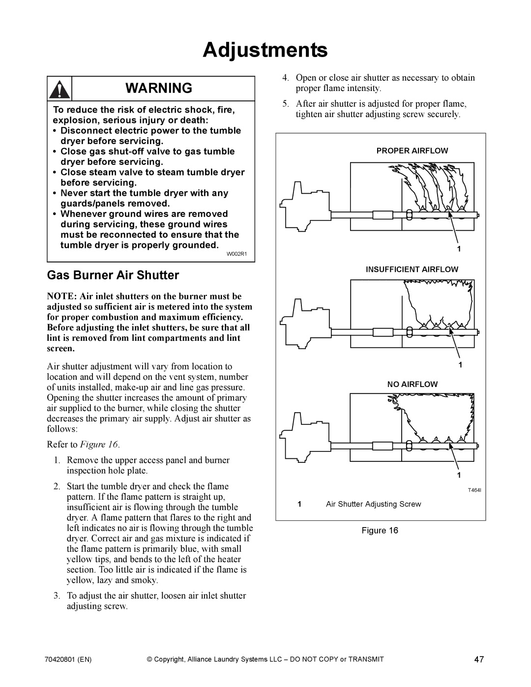 Alliance Laundry Systems 907003062 manual Adjustments, Gas Burner Air Shutter 