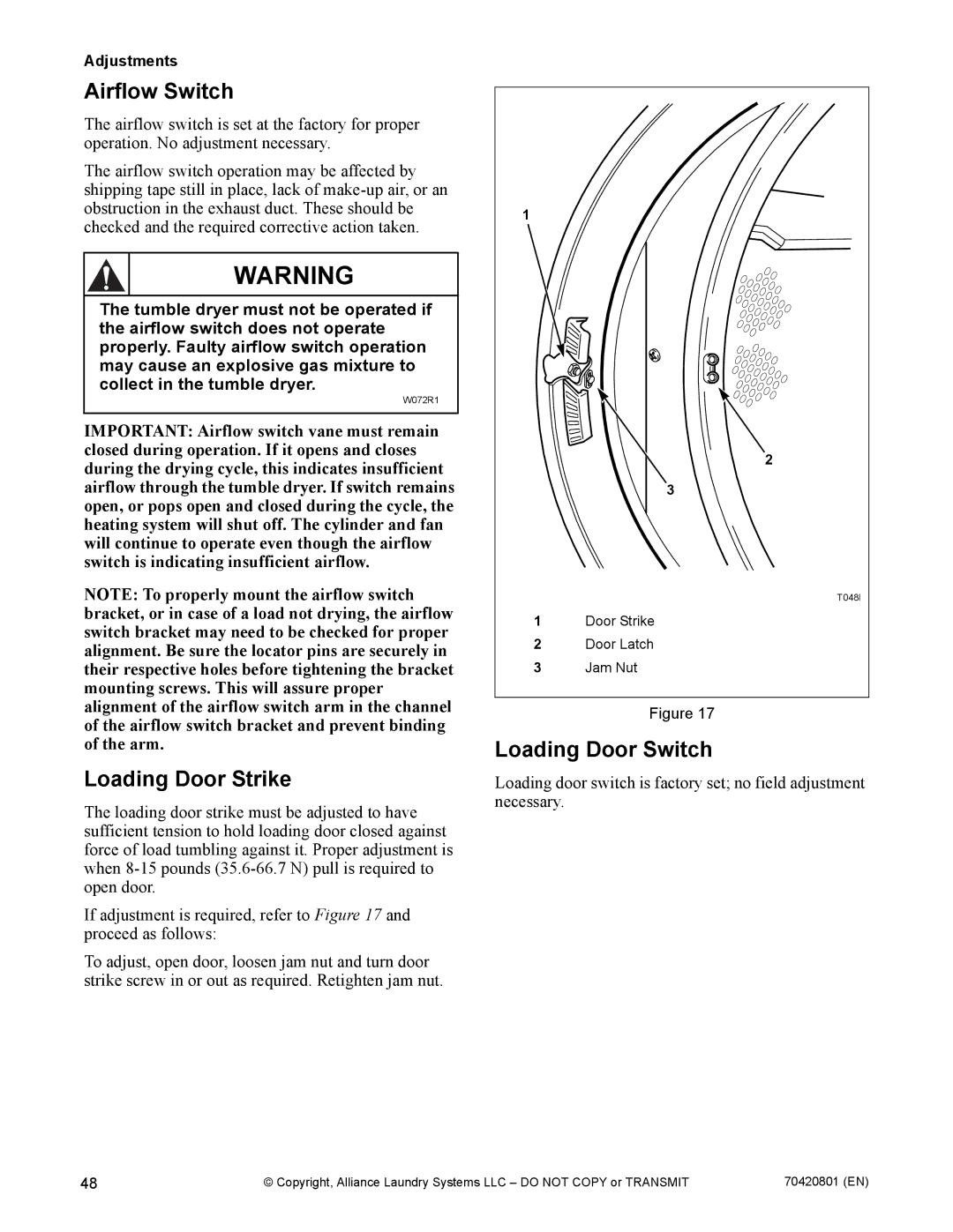 Alliance Laundry Systems 907003062 manual Airflow Switch, Loading Door Strike, Loading Door Switch, Adjustments 