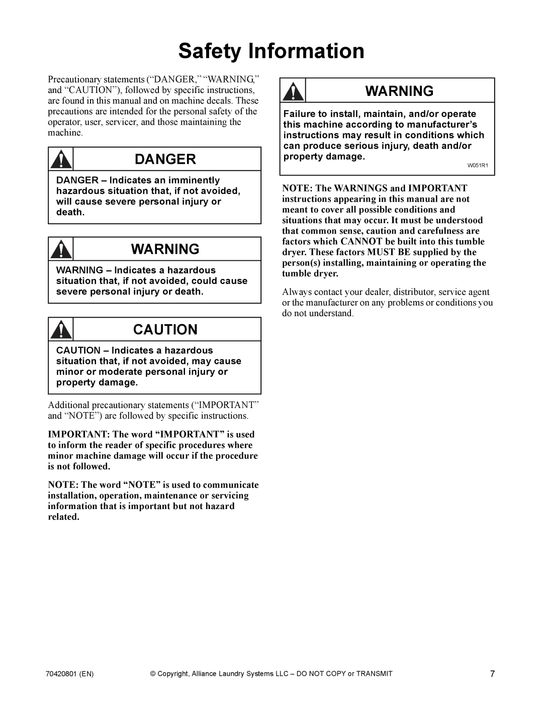 Alliance Laundry Systems 907003062 manual Safety Information 