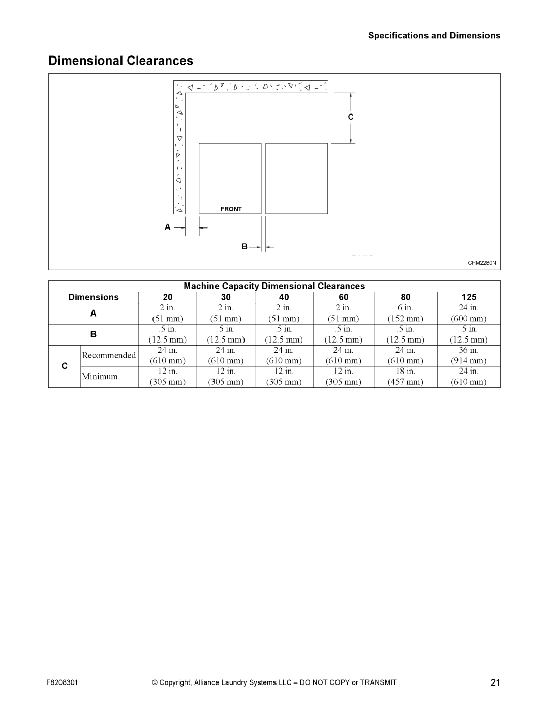 Alliance Laundry Systems CHM1772C manual Machine Capacity Dimensional Clearances Dimensions 125 