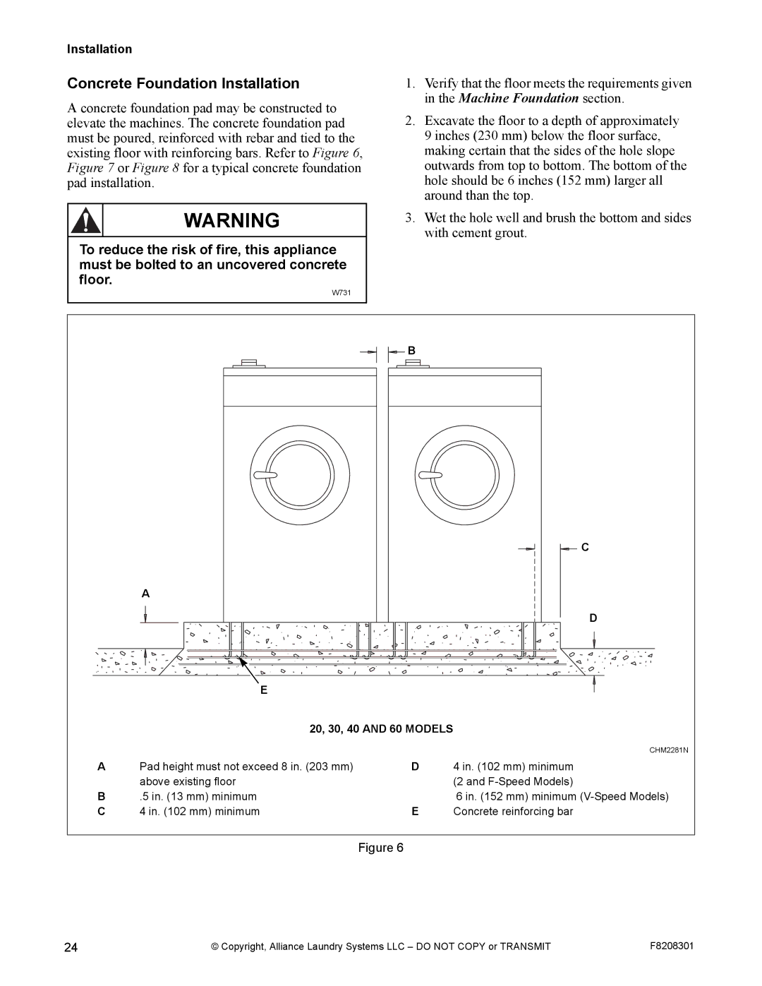 Alliance Laundry Systems CHM1772C manual Concrete Foundation Installation, 20, 30, 40 and 60 Models 