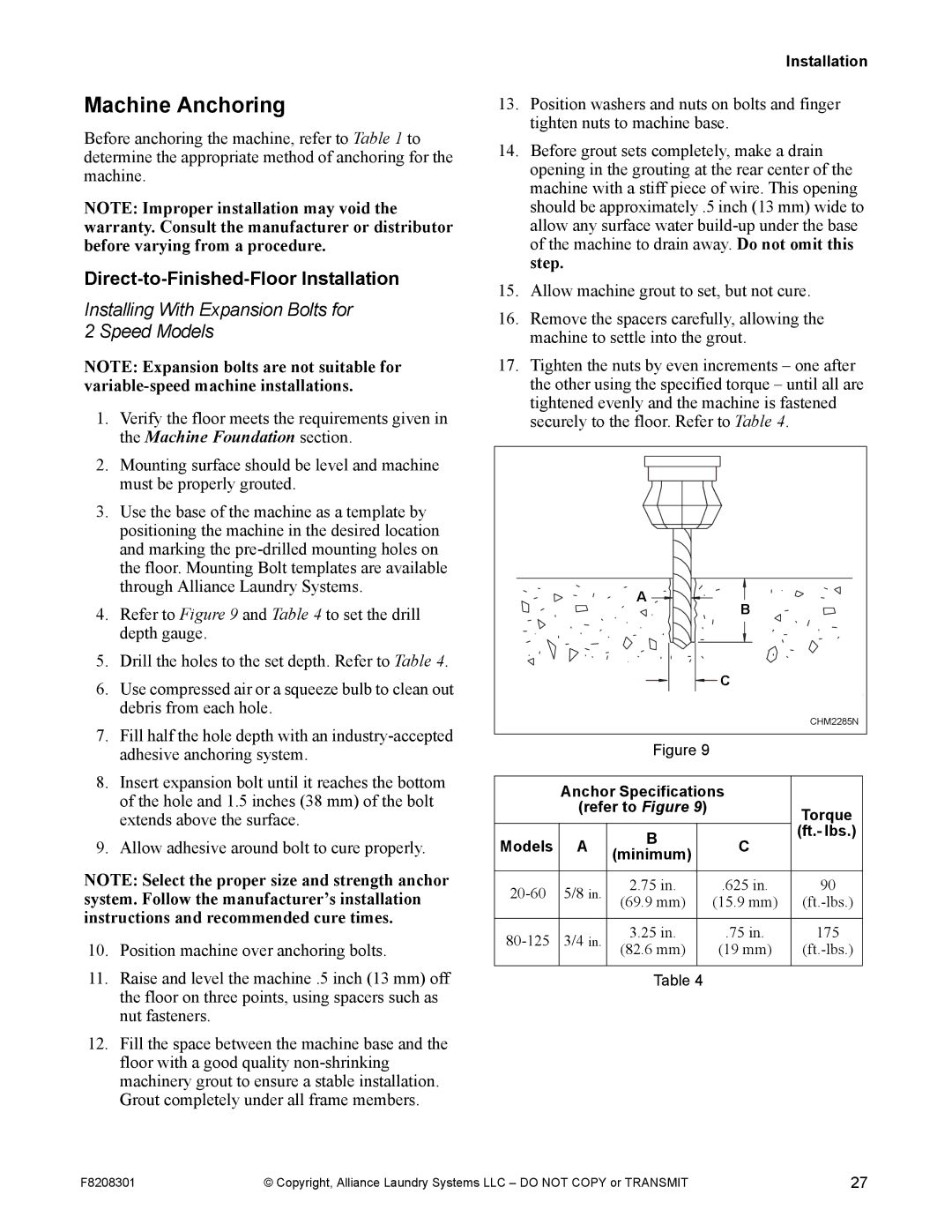 Alliance Laundry Systems CHM1772C manual Machine Anchoring, Direct-to-Finished-Floor Installation, Ft.- lbs, Models Minimum 
