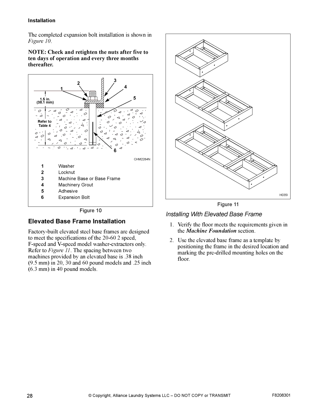 Alliance Laundry Systems CHM1772C manual Elevated Base Frame Installation 