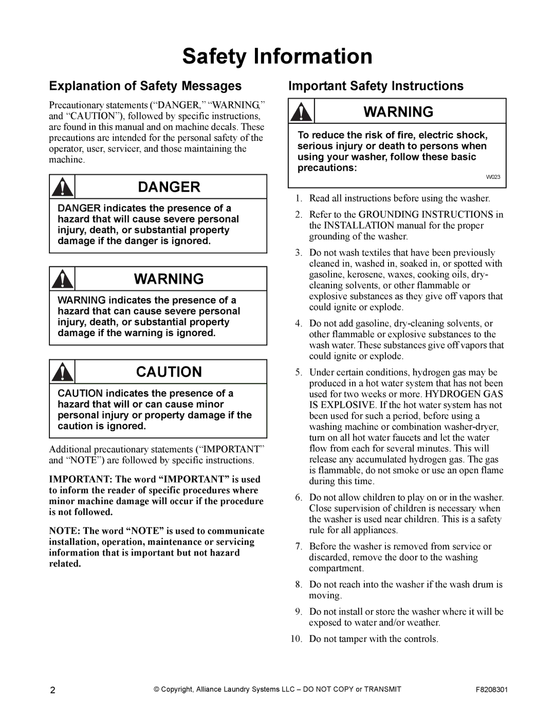 Alliance Laundry Systems CHM1772C manual Explanation of Safety Messages, Important Safety Instructions 