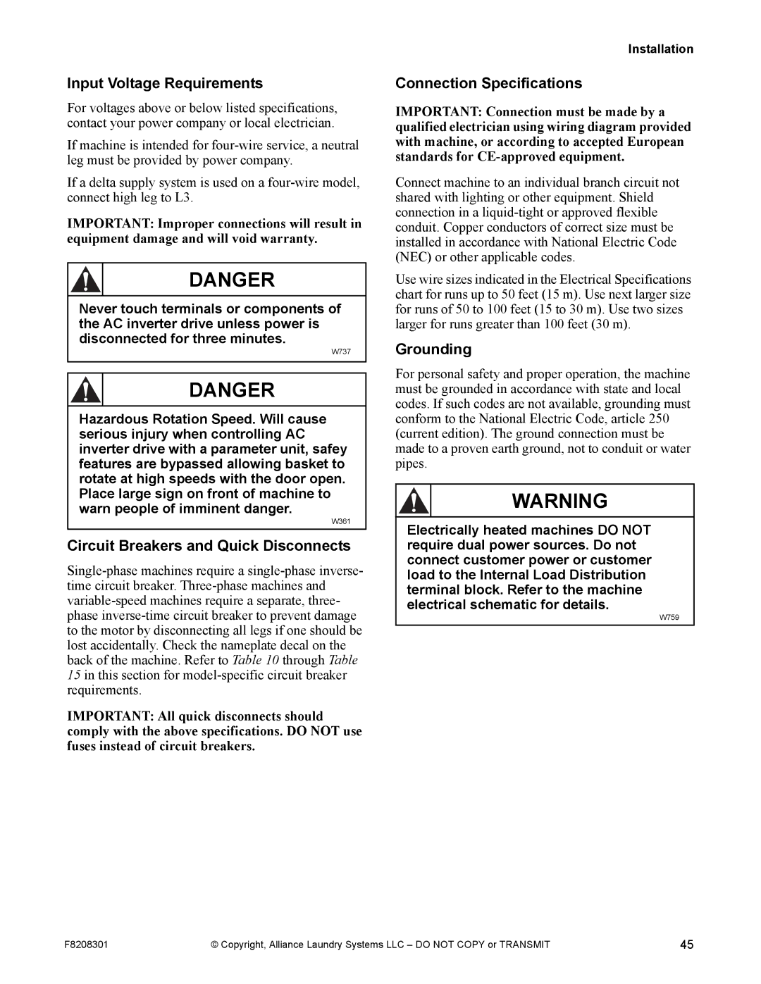 Alliance Laundry Systems CHM1772C manual Input Voltage Requirements, Circuit Breakers and Quick Disconnects, Grounding 