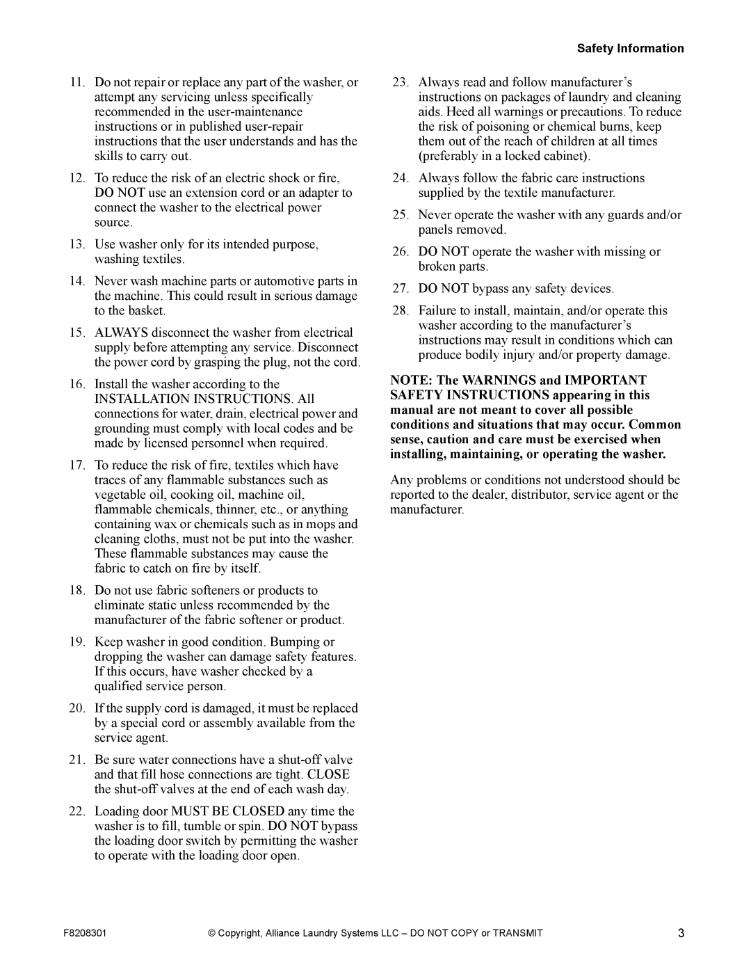 Alliance Laundry Systems CHM1772C manual Safety Information 