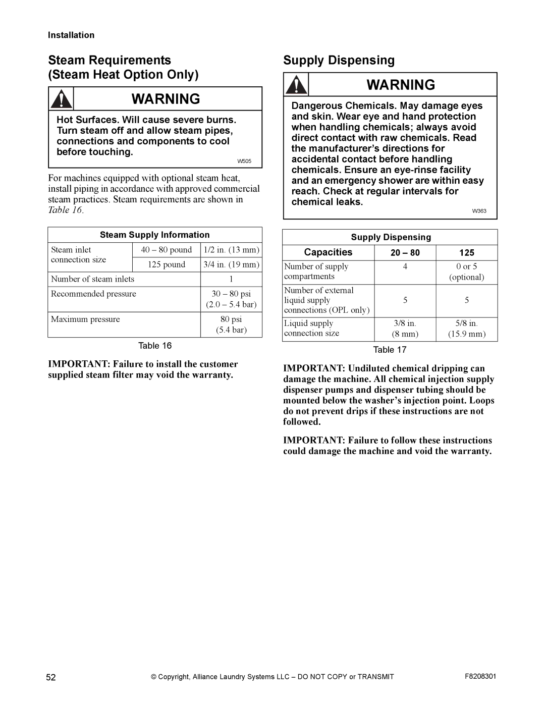 Alliance Laundry Systems CHM1772C Steam Requirements Steam Heat Option Only, Supply Dispensing, Steam Supply Information 