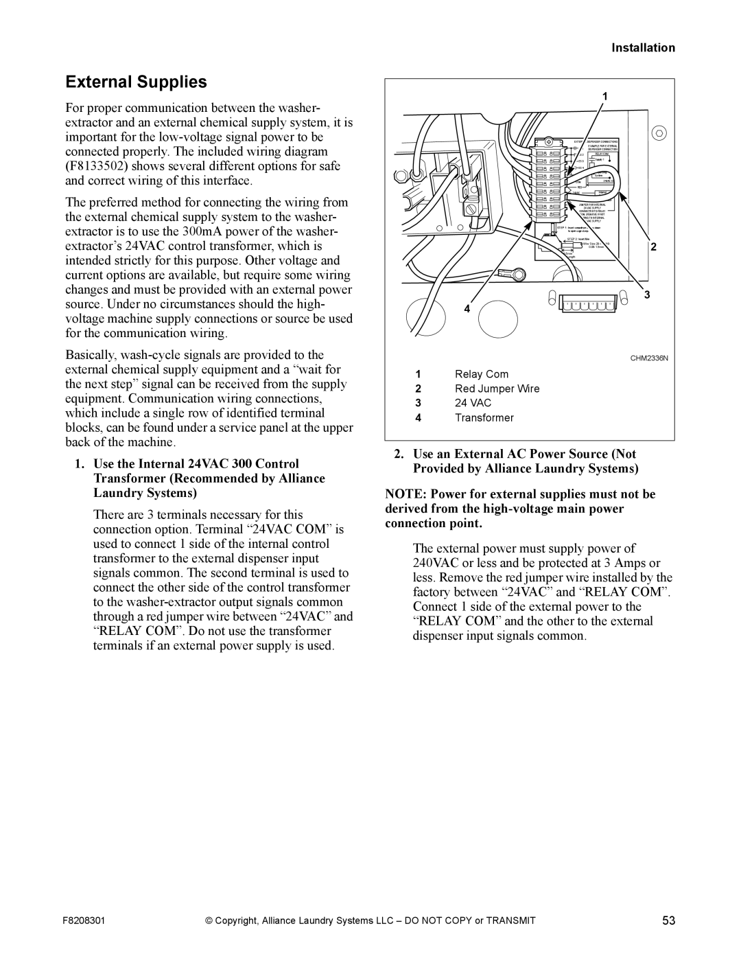 Alliance Laundry Systems CHM1772C manual External Supplies 