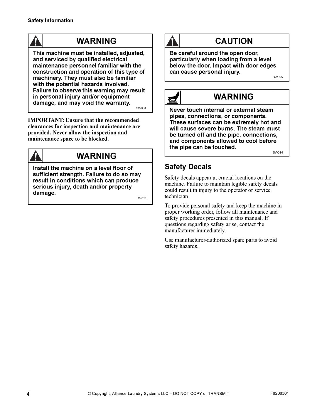 Alliance Laundry Systems CHM1772C manual Safety Decals 