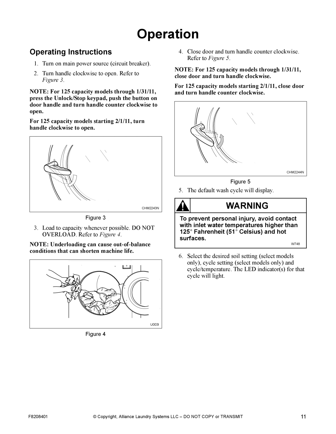 Alliance Laundry Systems CHM1772C manual Operation, Operating Instructions 