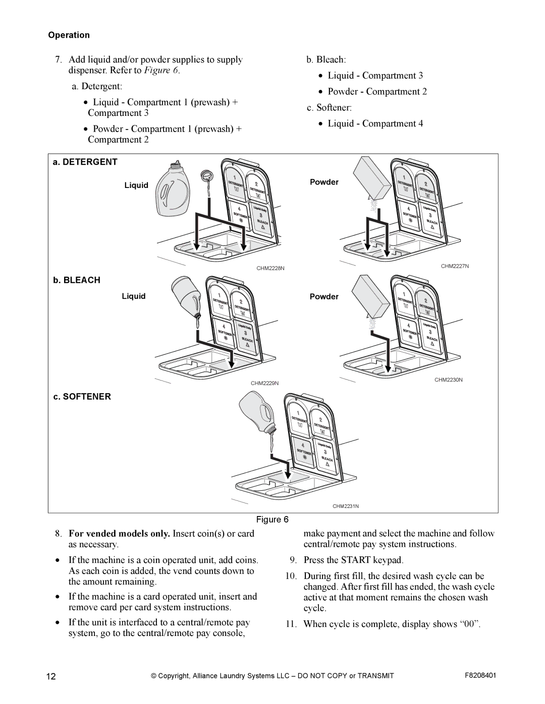 Alliance Laundry Systems CHM1772C manual Operation, Detergent, Bleach, Softener 