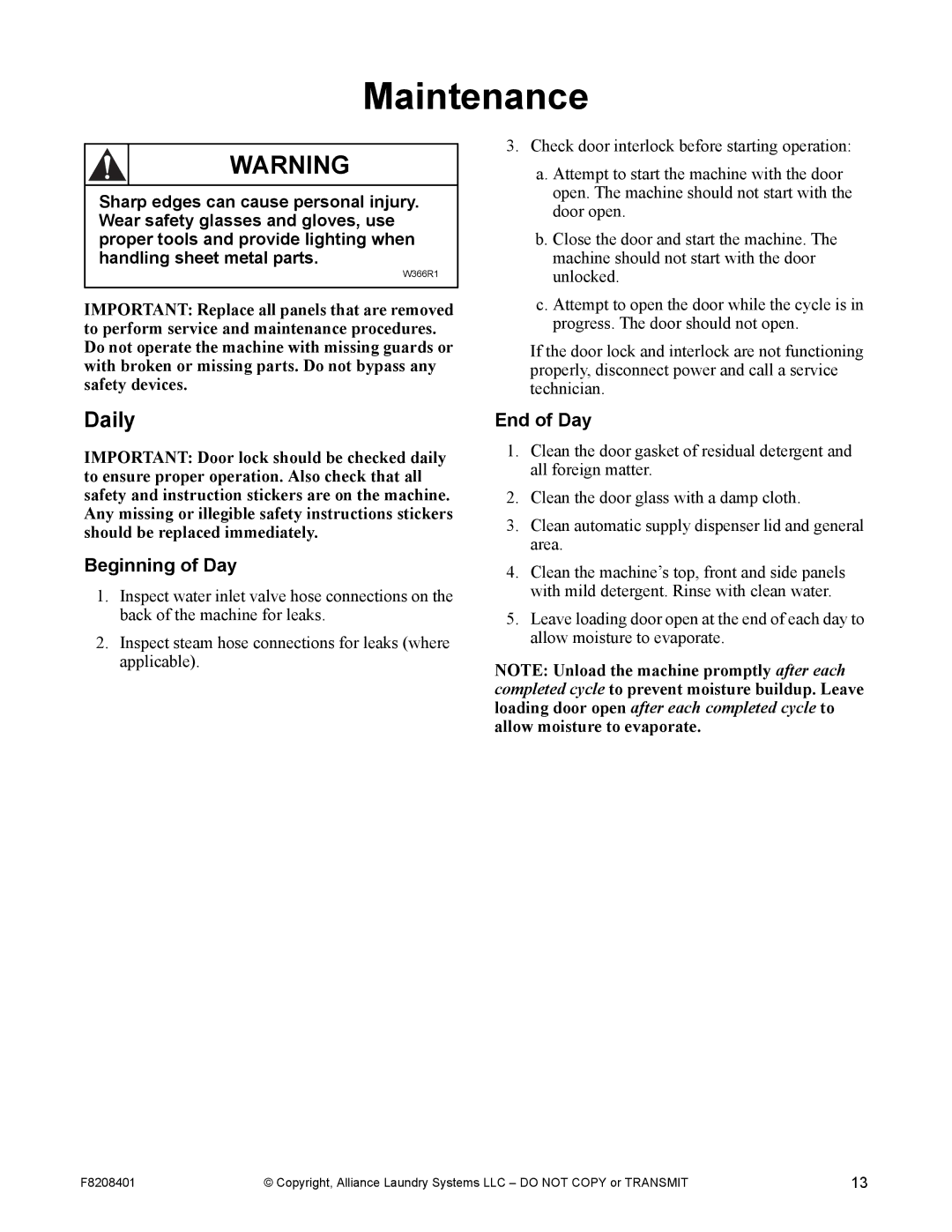 Alliance Laundry Systems CHM1772C manual Maintenance, Daily 