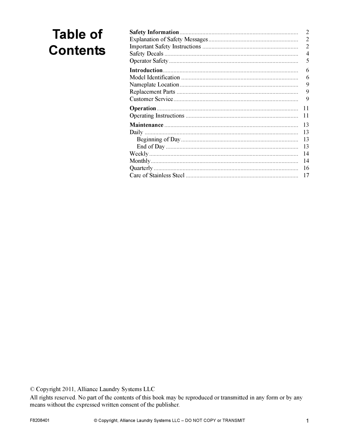 Alliance Laundry Systems CHM1772C manual Contents 