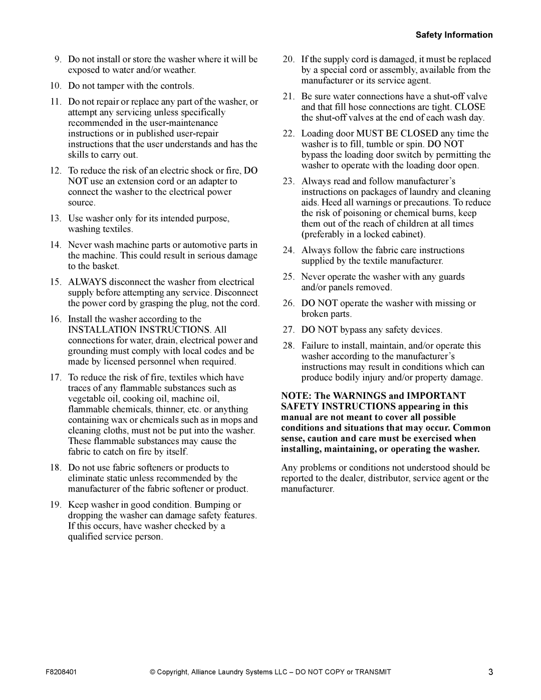 Alliance Laundry Systems CHM1772C manual Safety Information 