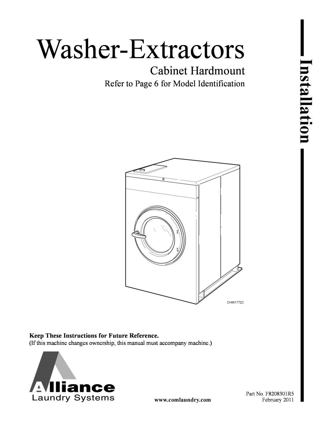 Alliance Laundry Systems CHM1772C manual Washer-Extractors, Installation, Cabinet Hardmount 