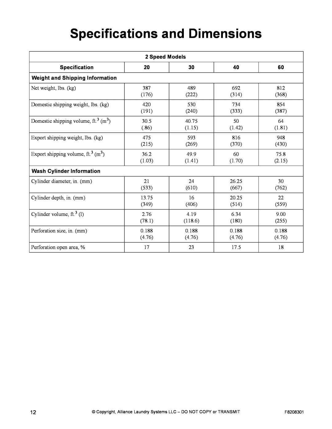 Alliance Laundry Systems CHM1772C manual Specifications and Dimensions, Speed Models, Weight and Shipping Information 