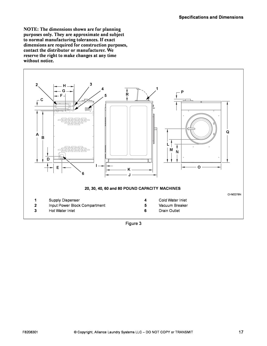 Alliance Laundry Systems CHM1772C manual Specifications and Dimensions 