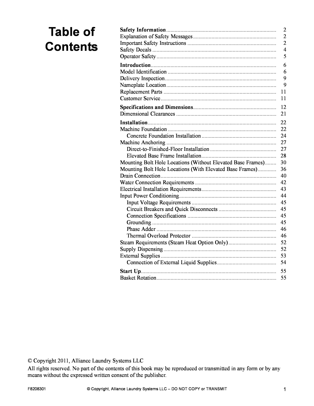 Alliance Laundry Systems CHM1772C manual Table of Contents 