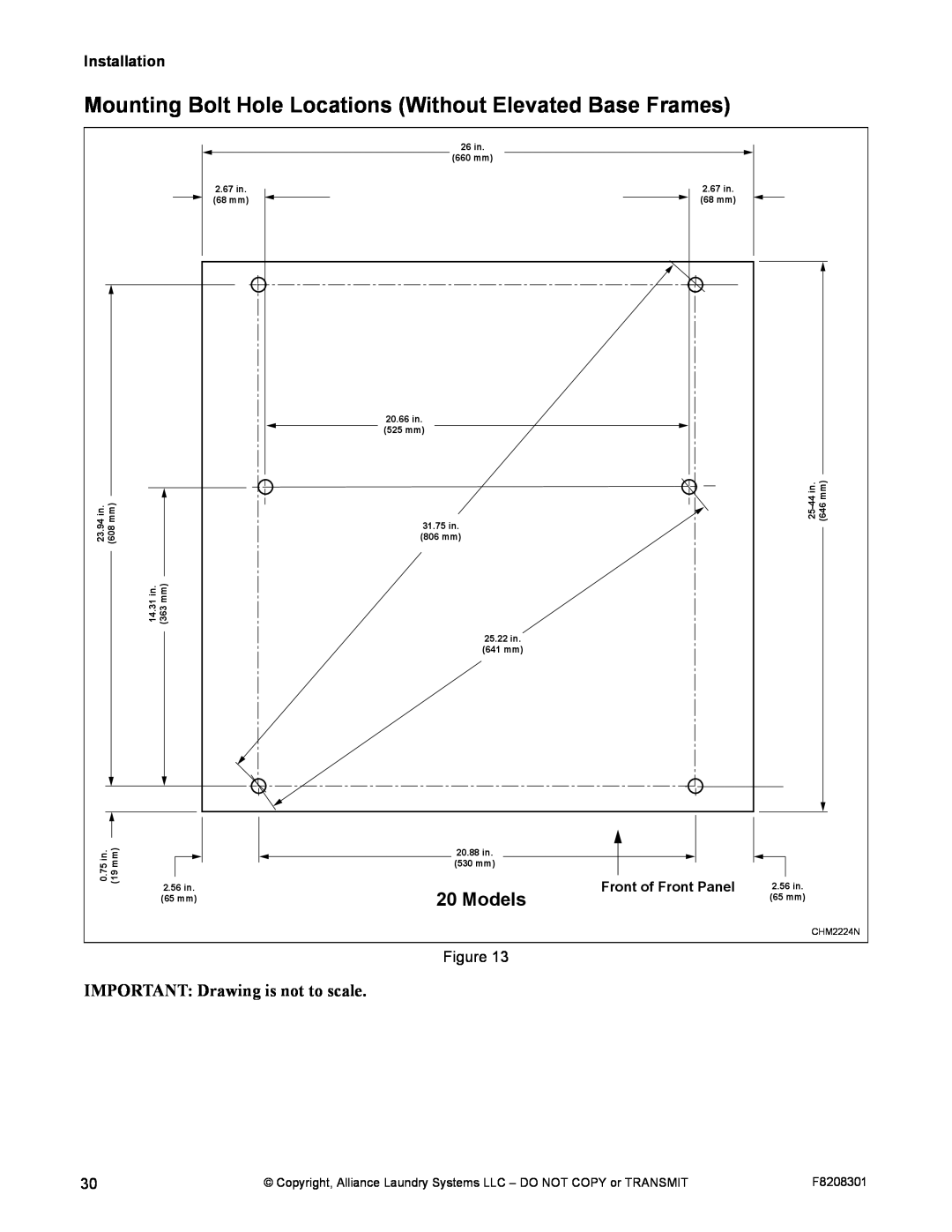 Alliance Laundry Systems CHM1772C manual Mounting Bolt Hole Locations Without Elevated Base Frames, Models, Installation 
