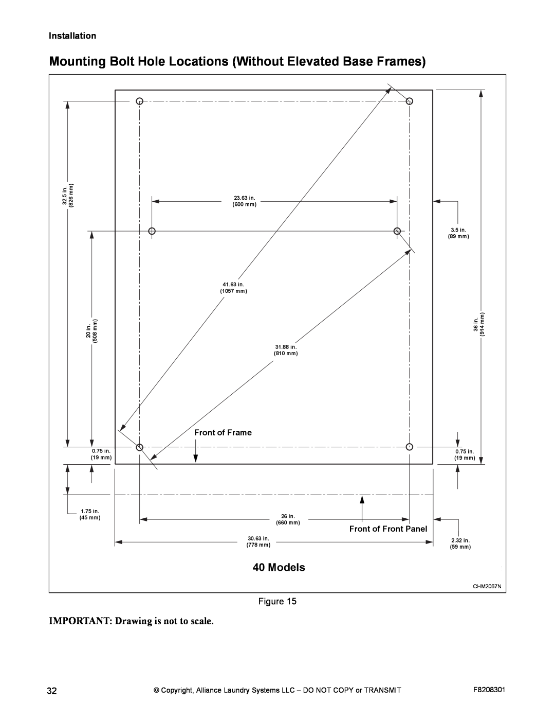 Alliance Laundry Systems CHM1772C manual Models, Mounting Bolt Hole Locations Without Elevated Base Frames, Installation 