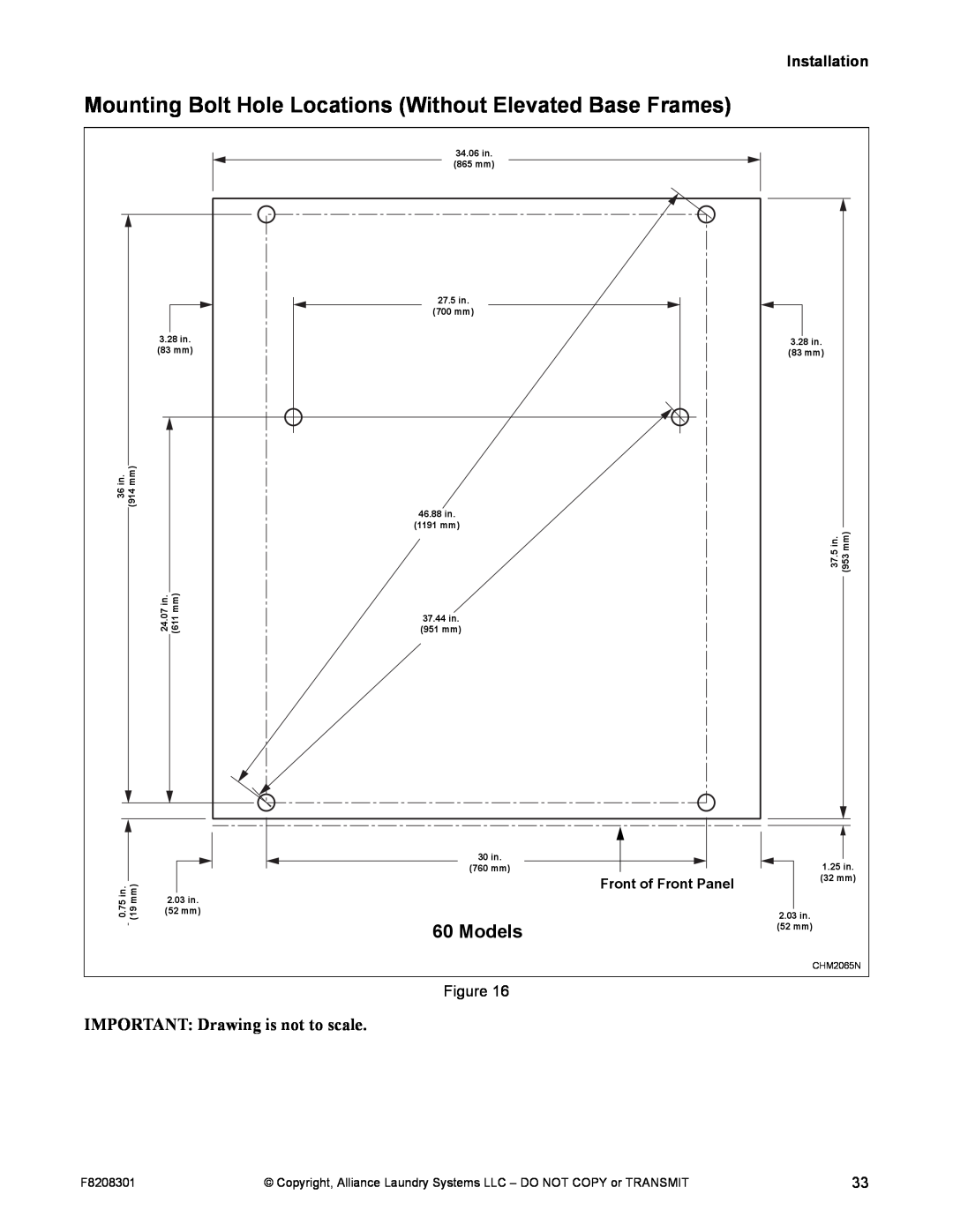 Alliance Laundry Systems CHM1772C manual Models, Mounting Bolt Hole Locations Without Elevated Base Frames, Installation 