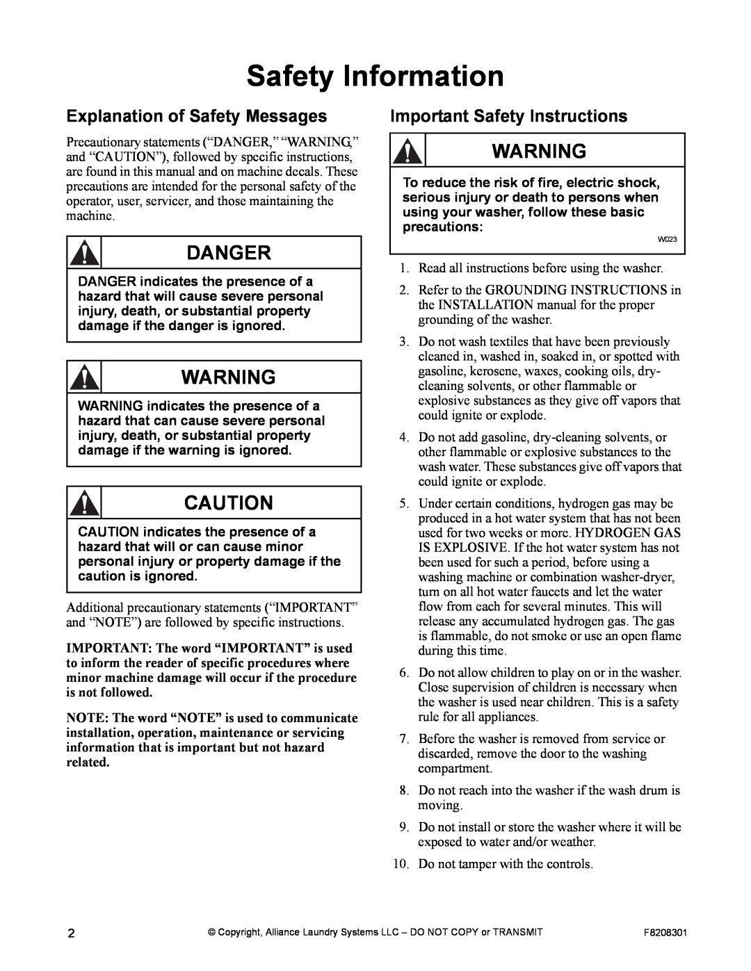 Alliance Laundry Systems CHM1772C manual Safety Information, Danger, Explanation of Safety Messages 