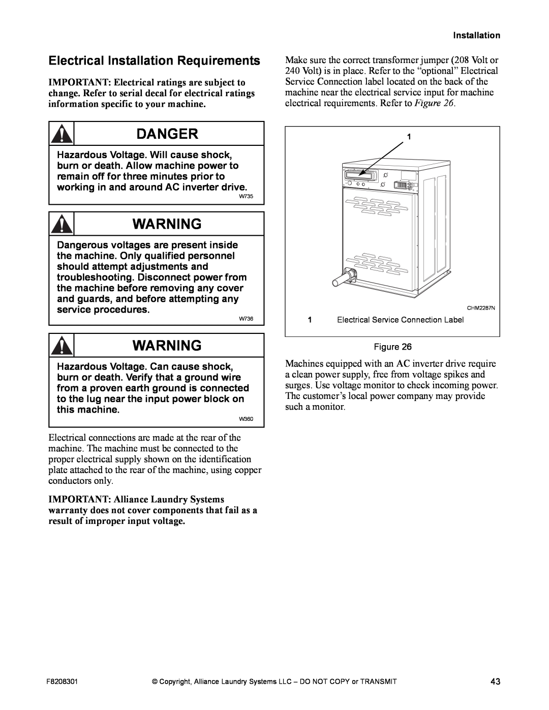 Alliance Laundry Systems CHM1772C manual Electrical Installation Requirements, Danger, Electrical Service Connection Label 