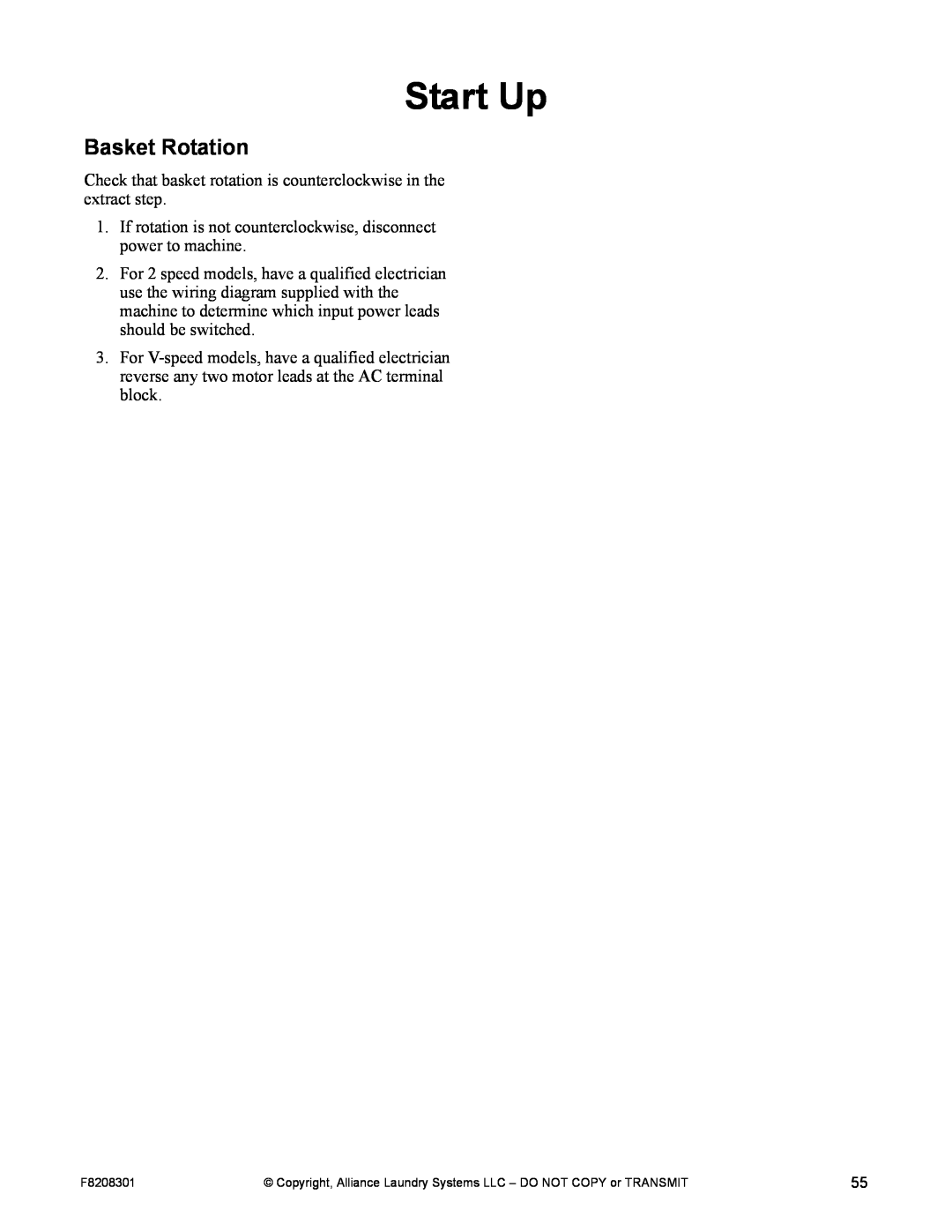 Alliance Laundry Systems CHM1772C manual Start Up, Basket Rotation 
