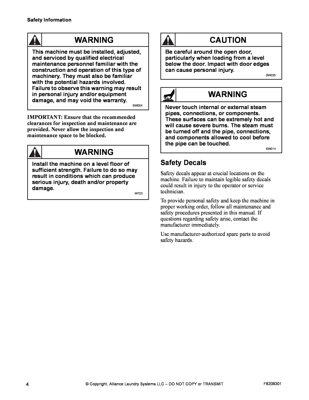 Alliance Laundry Systems CHM1772C manual Safety Decals 