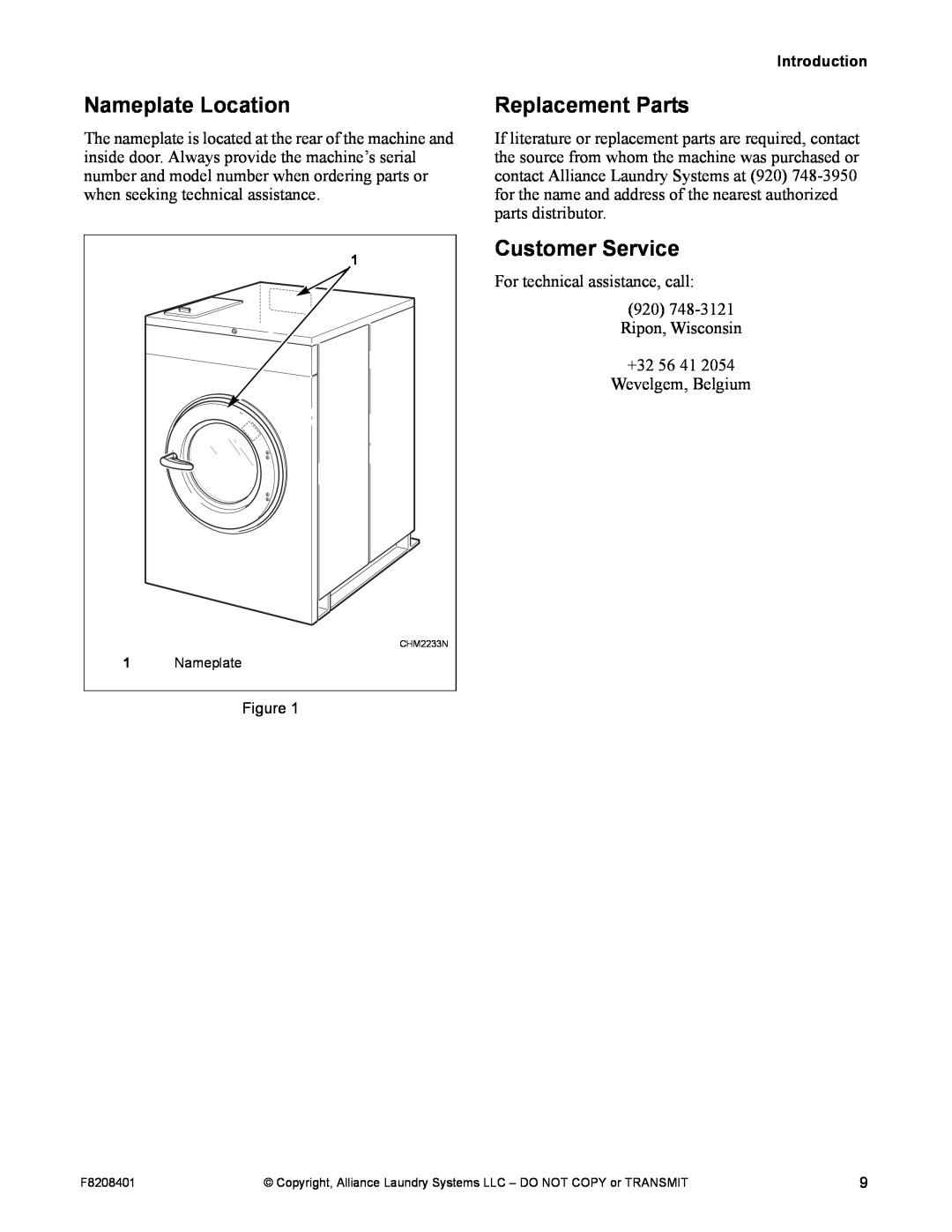 Alliance Laundry Systems CHM1772C manual Nameplate Location, Replacement Parts, Customer Service 