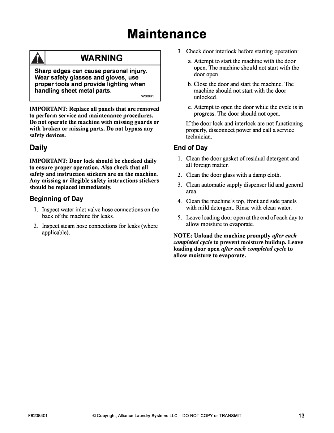 Alliance Laundry Systems CHM1772C manual Maintenance, Daily, Beginning of Day, End of Day 