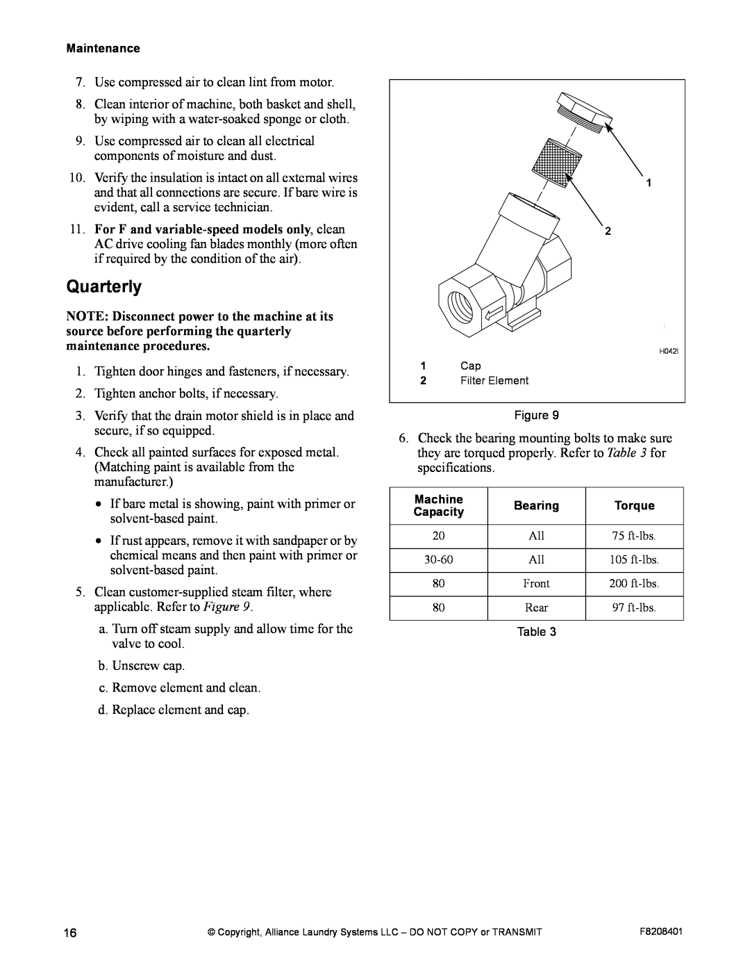 Alliance Laundry Systems CHM1772C manual Quarterly 