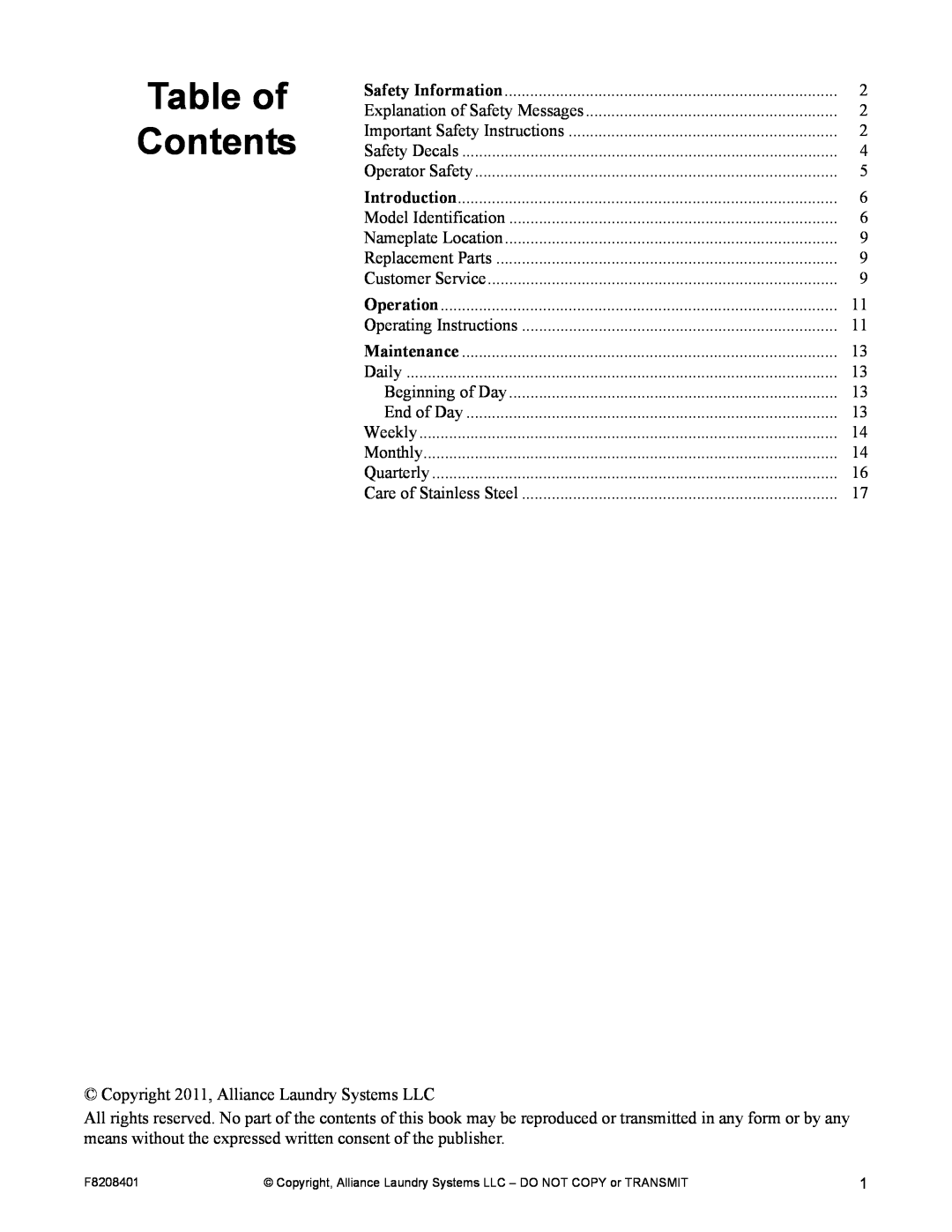 Alliance Laundry Systems CHM1772C manual Table of Contents 