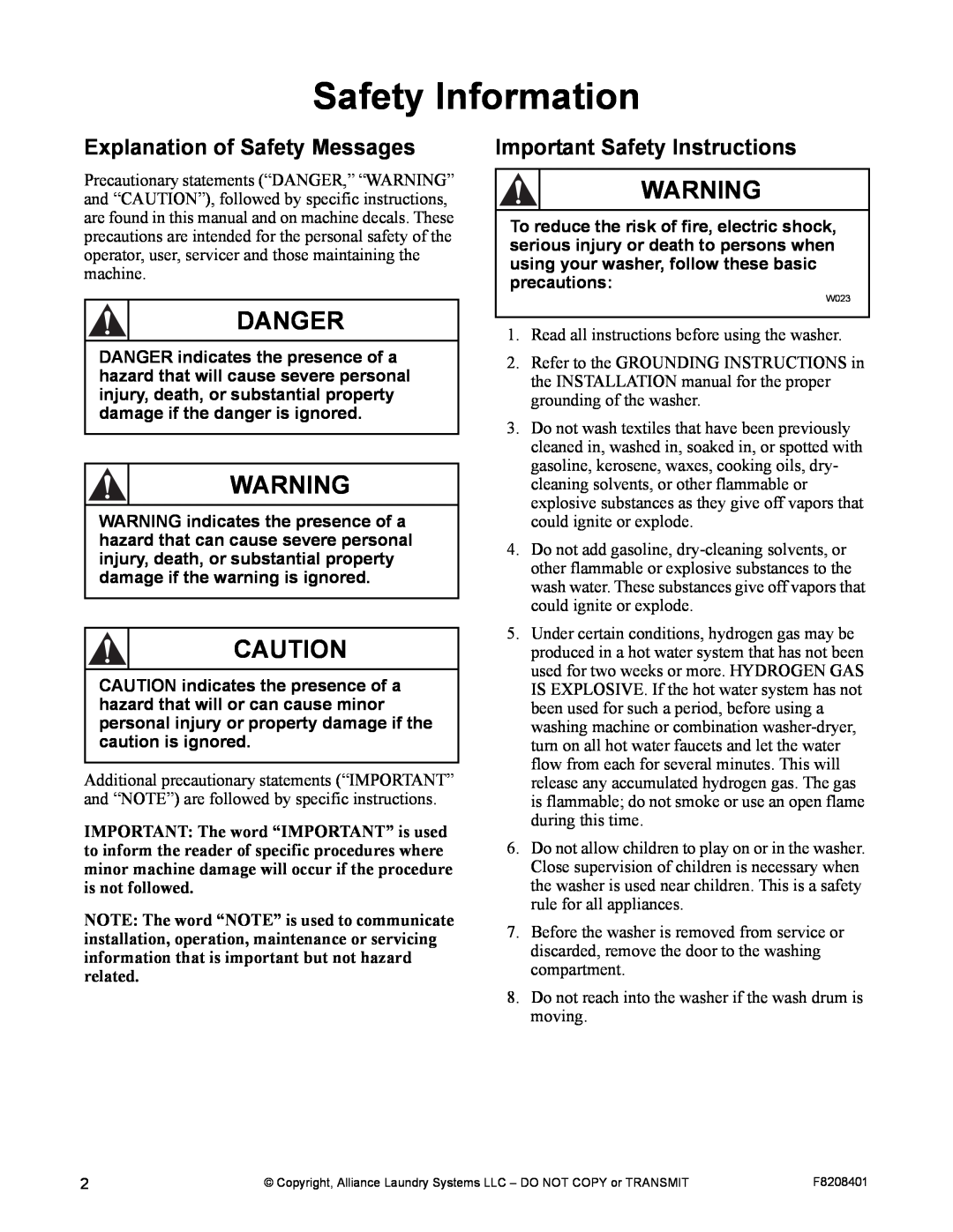 Alliance Laundry Systems CHM1772C manual Safety Information, Explanation of Safety Messages, Important Safety Instructions 