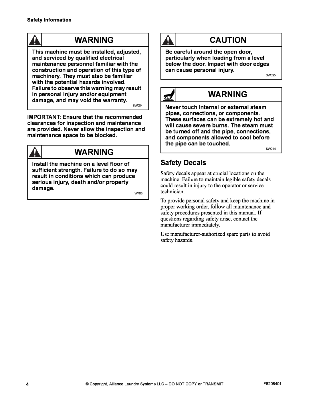 Alliance Laundry Systems CHM1772C manual Safety Decals 