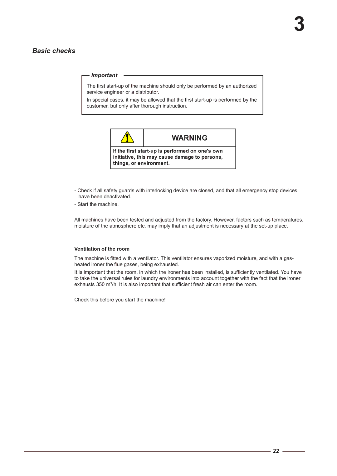 Alliance Laundry Systems CI 1650/325, CI 2050/325 instruction manual Basic checks, Ventilation of the room 