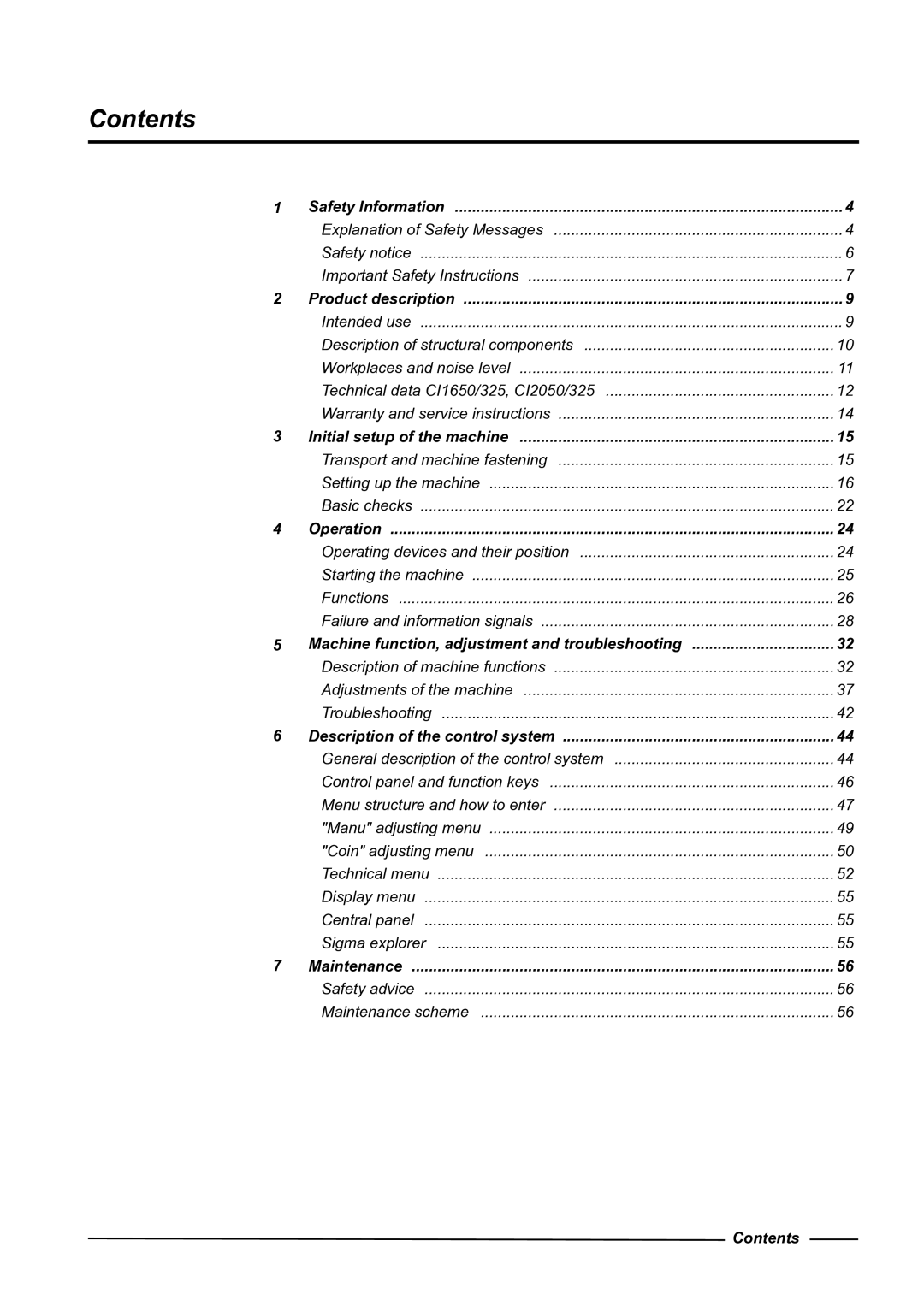 Alliance Laundry Systems CI 2050/325, CI 1650/325 instruction manual Contents 