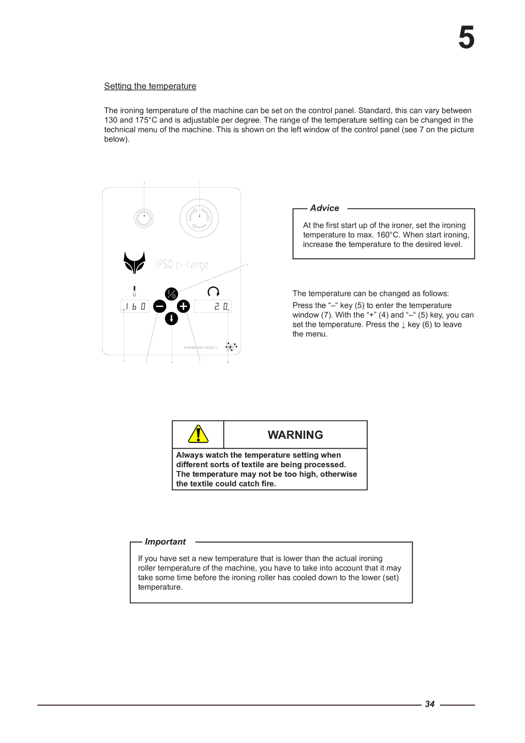 Alliance Laundry Systems CI 1650/325, CI 2050/325 instruction manual Setting the temperature, Advice 