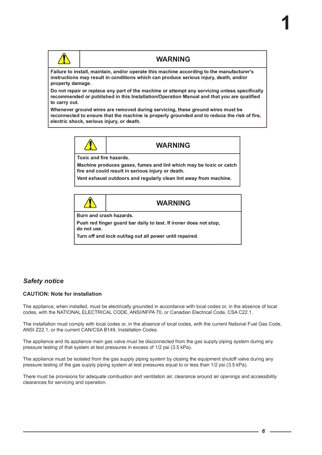 Alliance Laundry Systems CI 1650/325, CI 2050/325 instruction manual Safety notice 