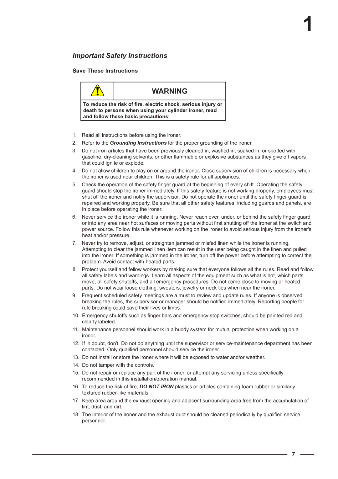 Alliance Laundry Systems CI 2050/325, CI 1650/325 instruction manual Important Safety Instructions 