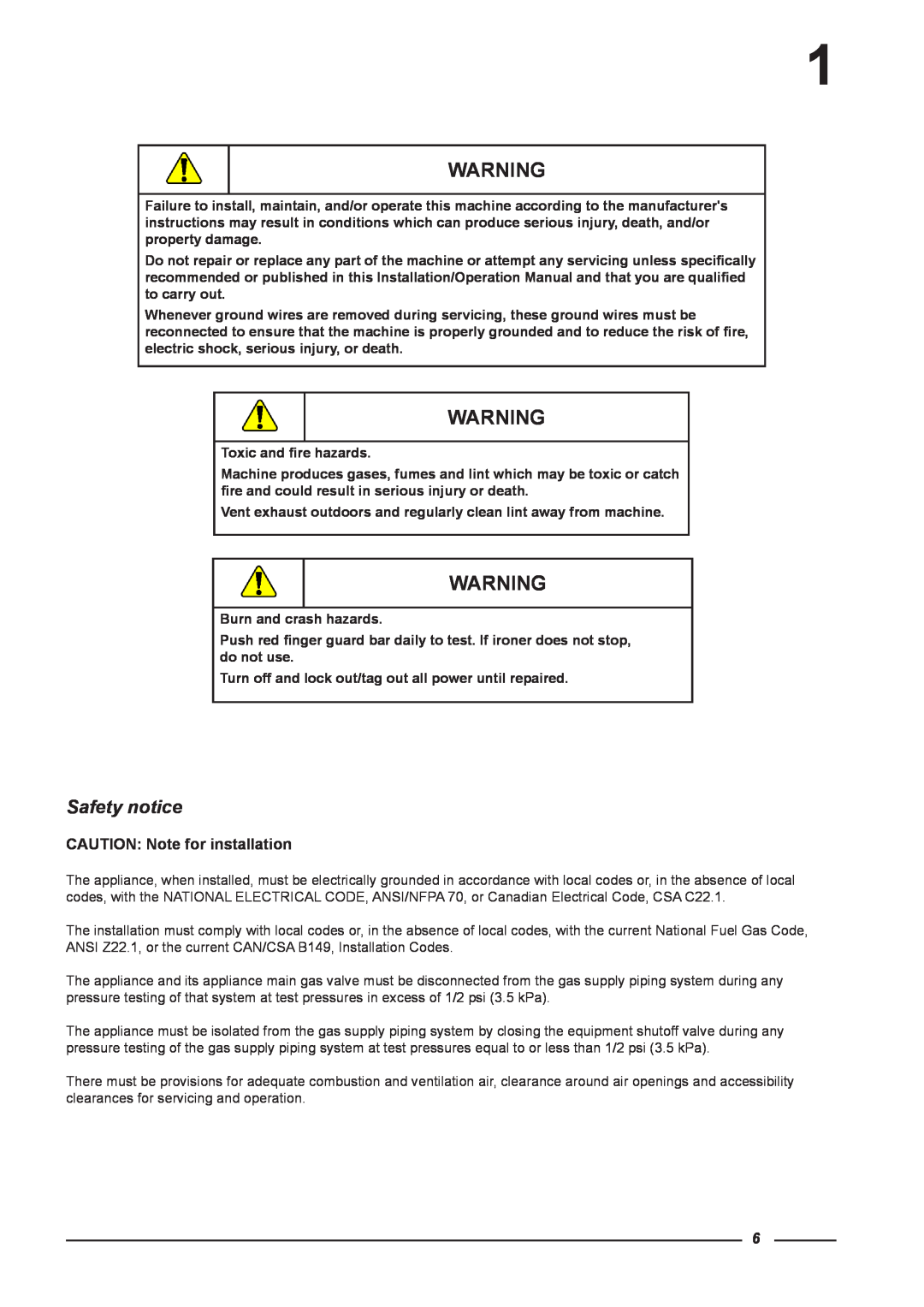 Alliance Laundry Systems CI 1650/325, CI 2050/325 Safety notice, CAUTION Note for installation, Toxic and fire hazards 