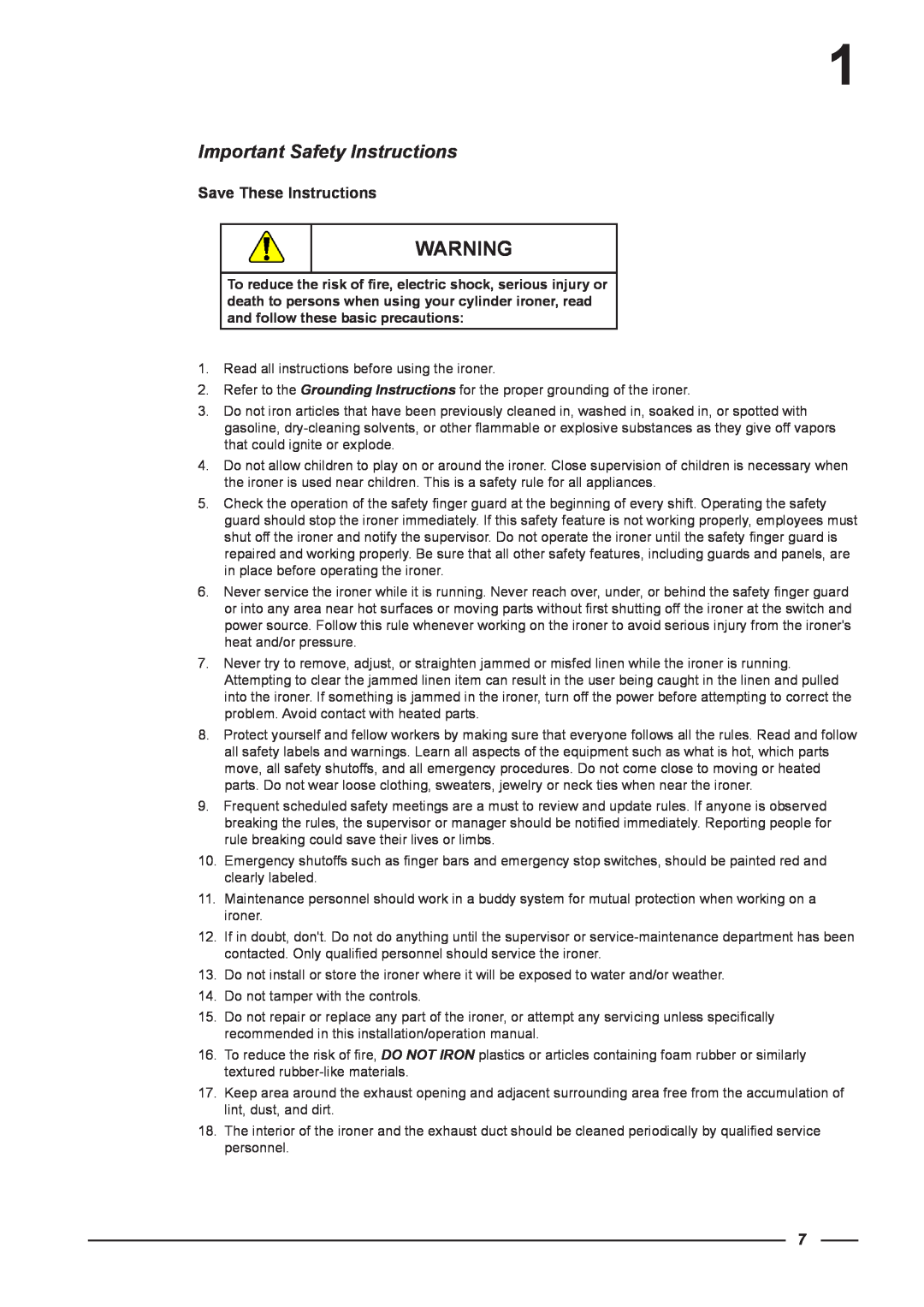 Alliance Laundry Systems CI 2050/325, CI 1650/325 instruction manual Important Safety Instructions, Save These Instructions 