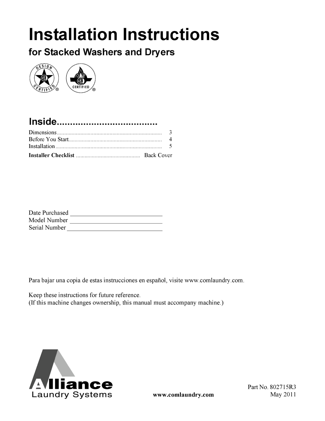 Alliance Laundry Systems Dishwasher manual Installation Instructions 