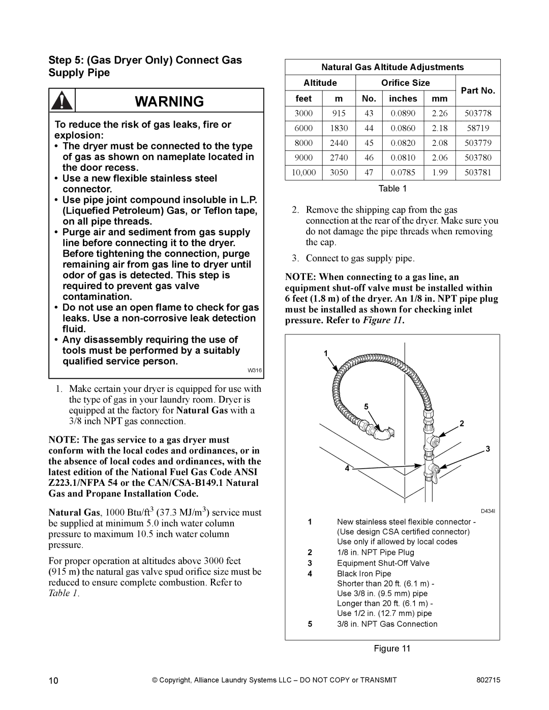 Alliance Laundry Systems Dishwasher manual Gas Dryer Only Connect Gas Supply Pipe 