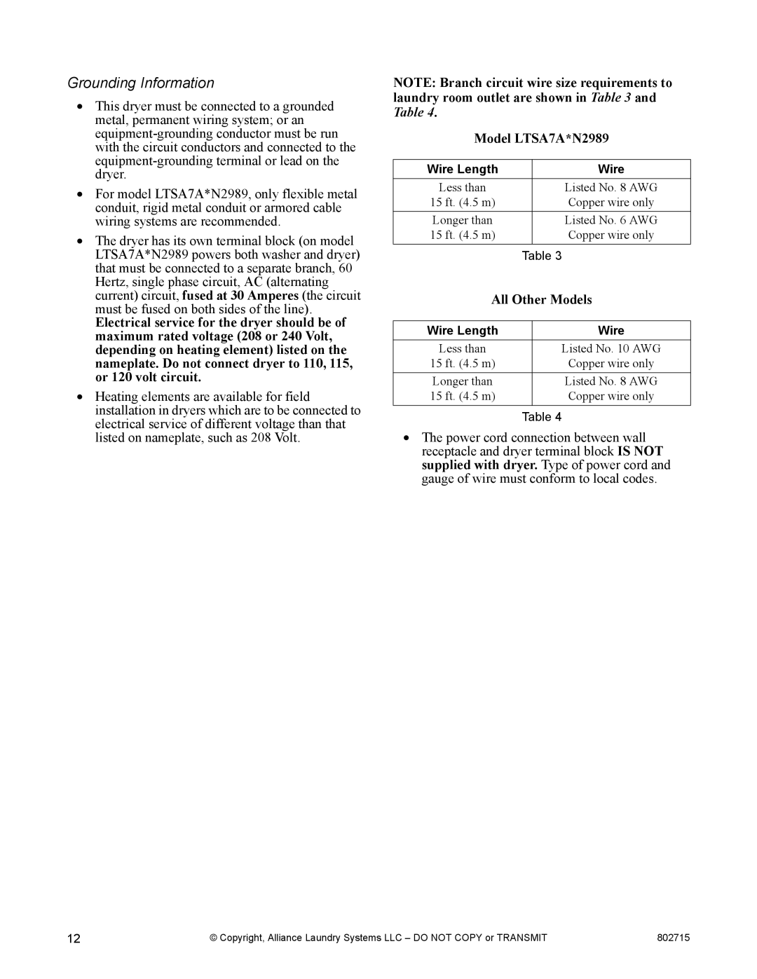 Alliance Laundry Systems Dishwasher manual Grounding Information, Model LTSA7A*N2989, All Other Models 