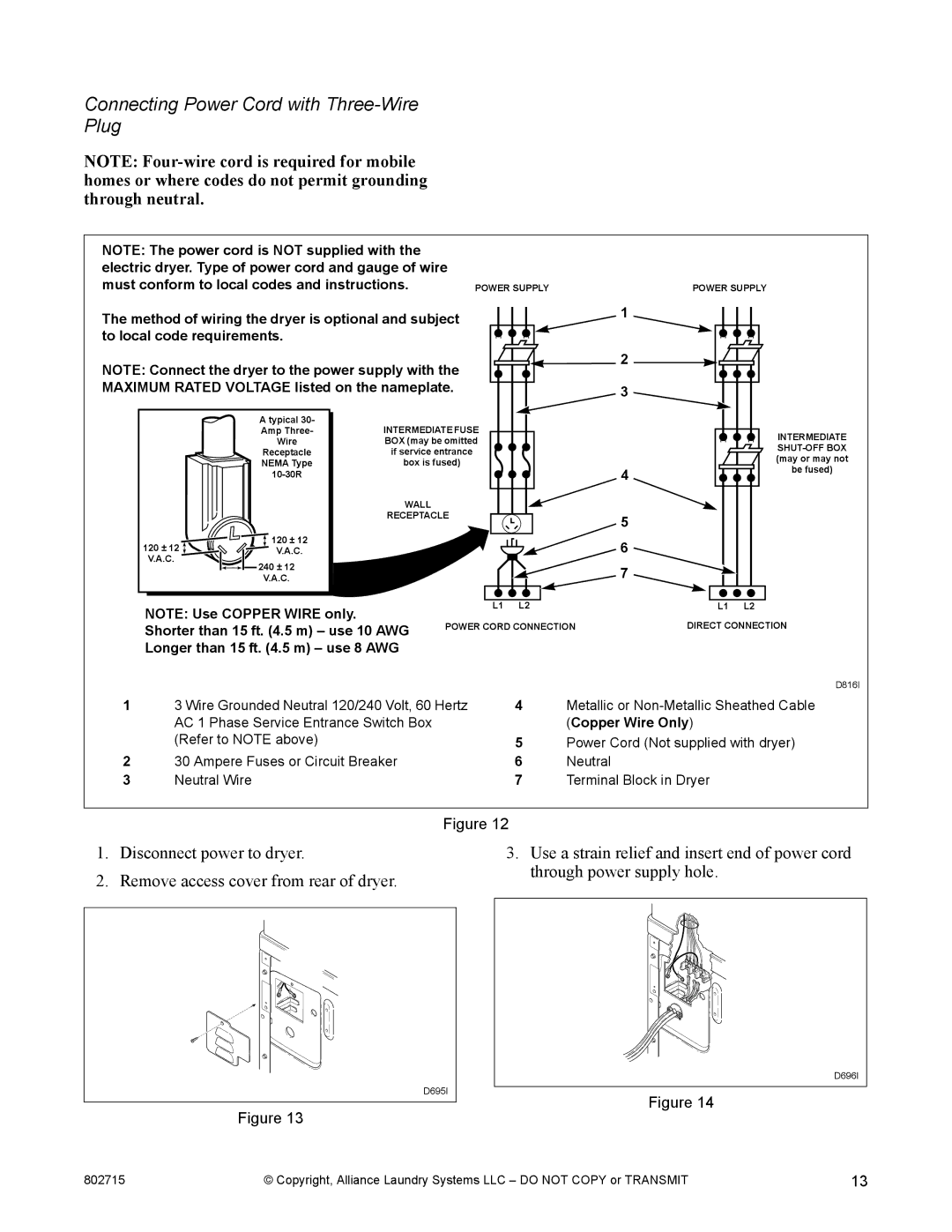 Alliance Laundry Systems Dishwasher manual Connecting Power Cord with Three-Wire Plug, Longer than 15 ft .5 m use 8 AWG 