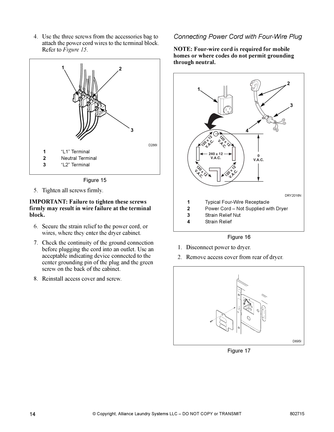 Alliance Laundry Systems Dishwasher manual Connecting Power Cord with Four-Wire Plug 