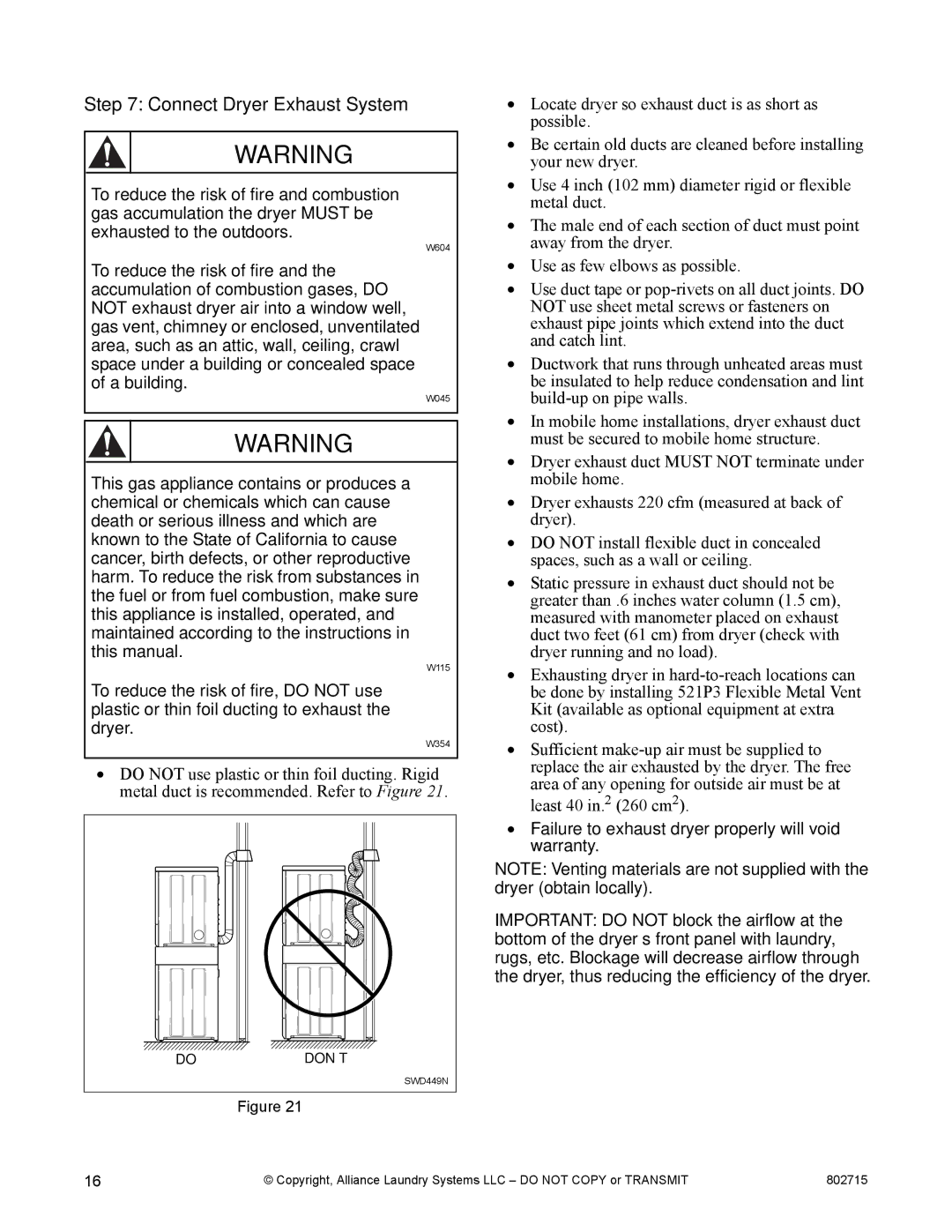 Alliance Laundry Systems Dishwasher Connect Dryer Exhaust System, Failure to exhaust dryer properly will void warranty 